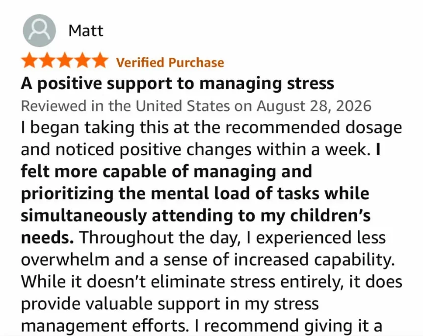 Five-star review from Matt titled "A positive support to managing stress": "I noticed positive changes within a week. I felt more capable of managing and prioritizing the mental load of tasks while simultaneously attending to my children’s needs. Throughout the day, I experienced less overwhelm and a sense of increased capability."